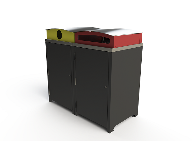 Athens Bin Enclosure - Custom Powder Coated Base / Stainless Steel Curved Cover with Red & Yellow Chutes