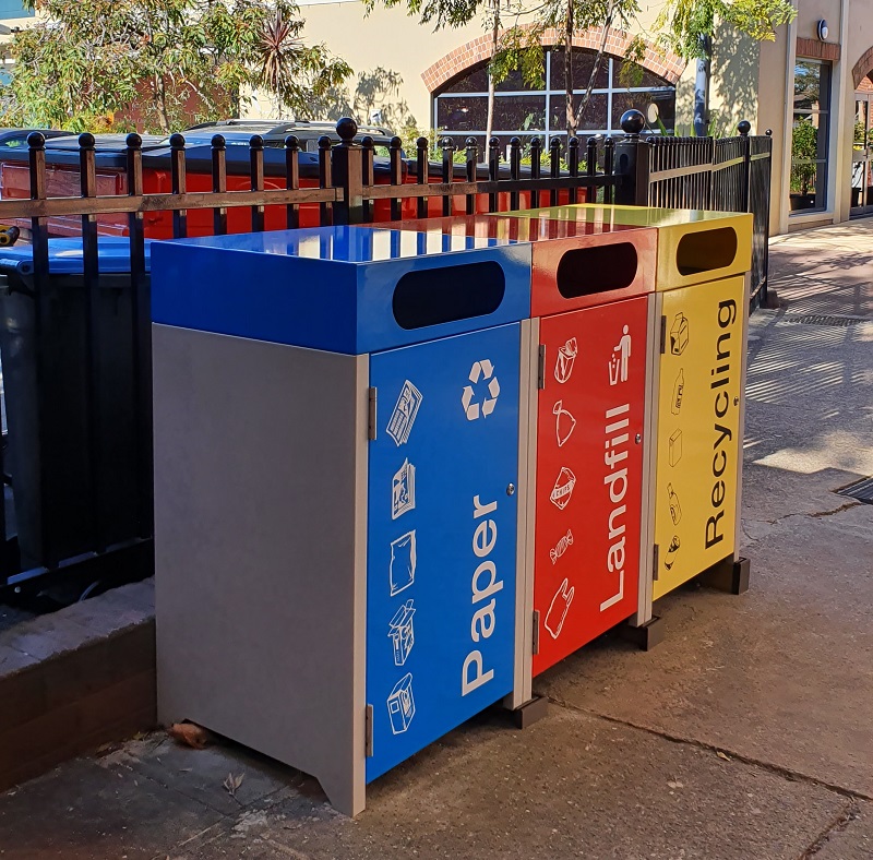 Athens Bin Enclosure - PC Base & Red Cube Cover & Red Door, Blue Cube Cover & Blue Door & Yellow Cube Cover & Yellow Door + Matching Signage