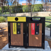 Athens Bin Enclosure - Enviroslat Walnut Base & Black Cube Cover and Yellow Cube Cover w/ Landfill & Recycling Signage